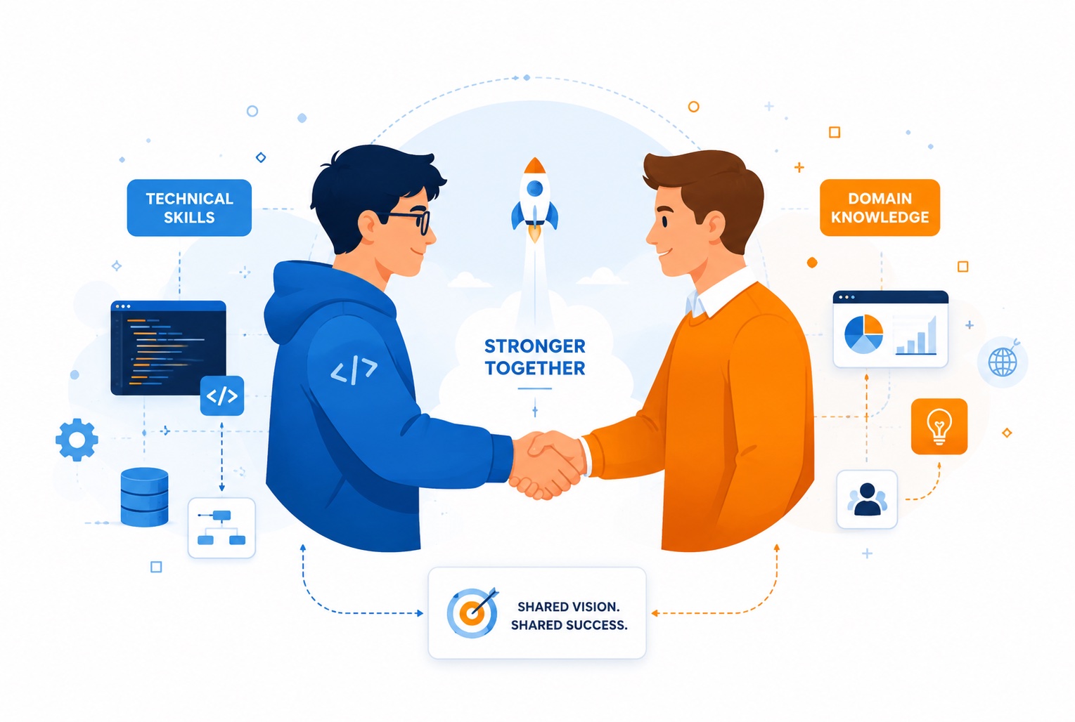 A technical founder and a domain founder shaking hands, their technical skills and domain knowledge combining to launch a startup