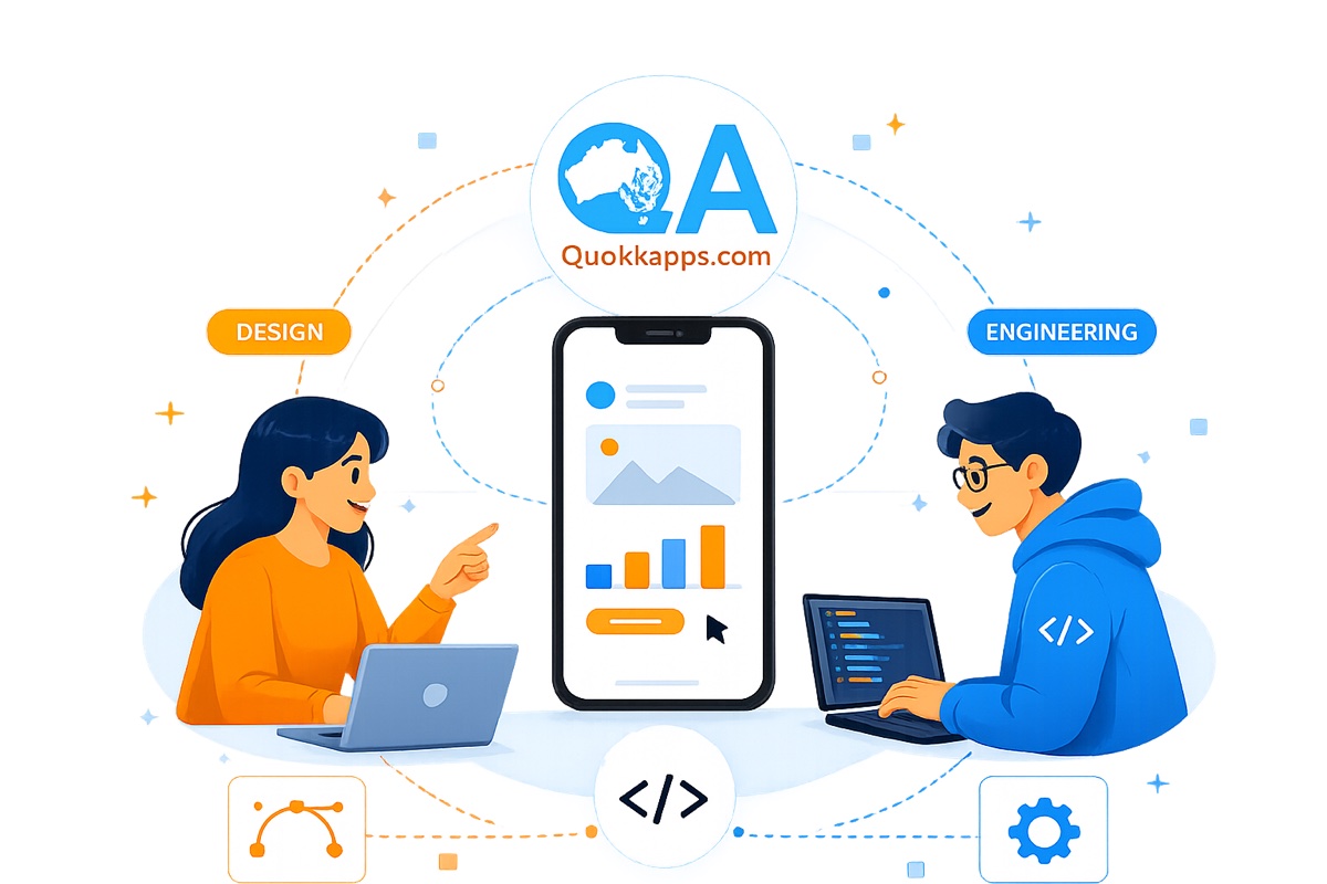 A designer and an engineer collaborating around an app on a phone, linked to the Quokka Apps logo, illustrating design and engineering working together