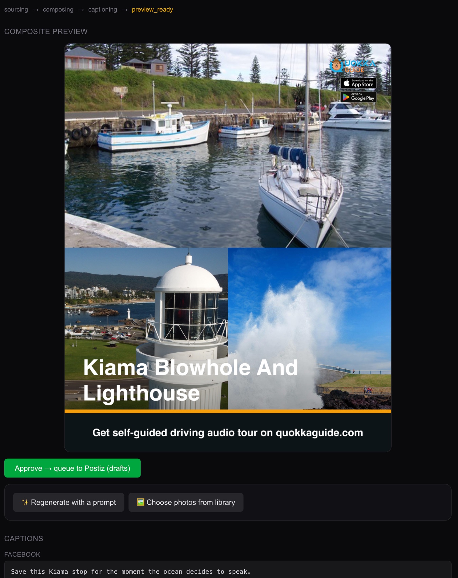A composed QuokkaGuide feed image for a Kiama Blowhole and Lighthouse tour with platform captions, ready to approve and queue