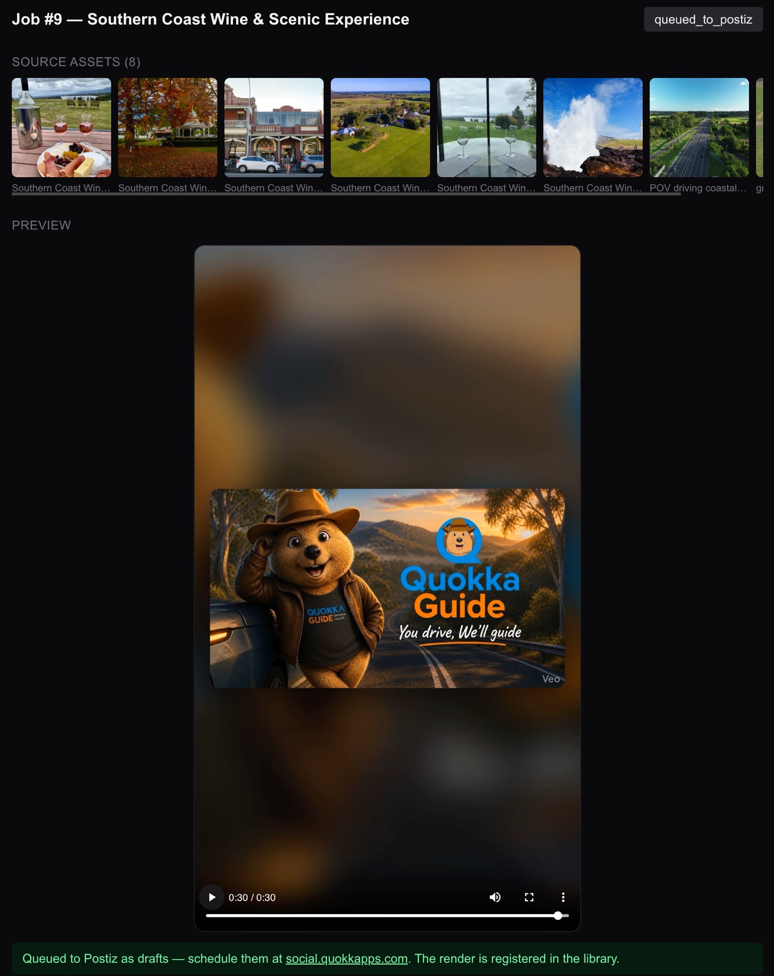 A finished QuokkaGuide branded vertical video preview, generated from eight source assets and queued to the scheduler as a draft