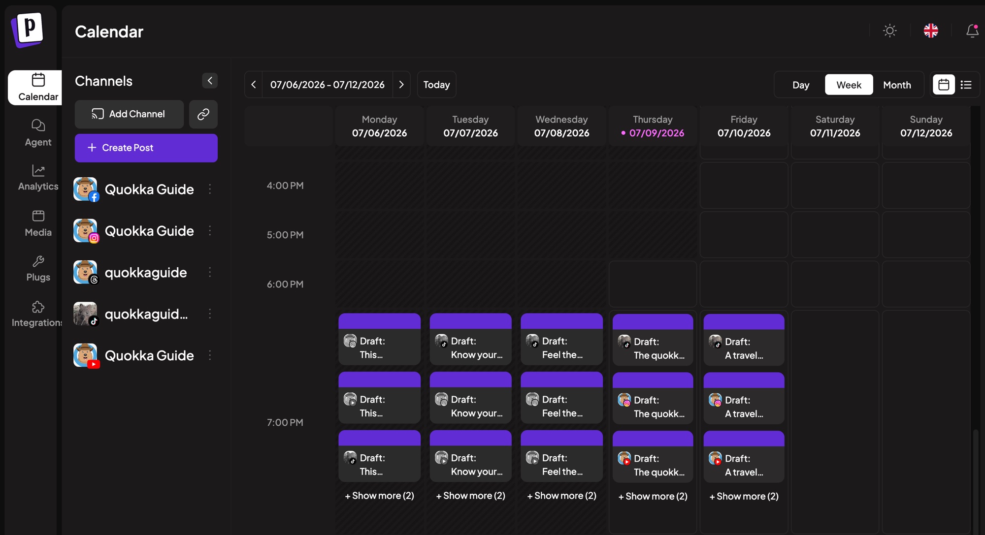 The self-hosted scheduler week view showing draft posts queued across QuokkaGuide's Facebook, Instagram, Threads, TikTok and YouTube channels