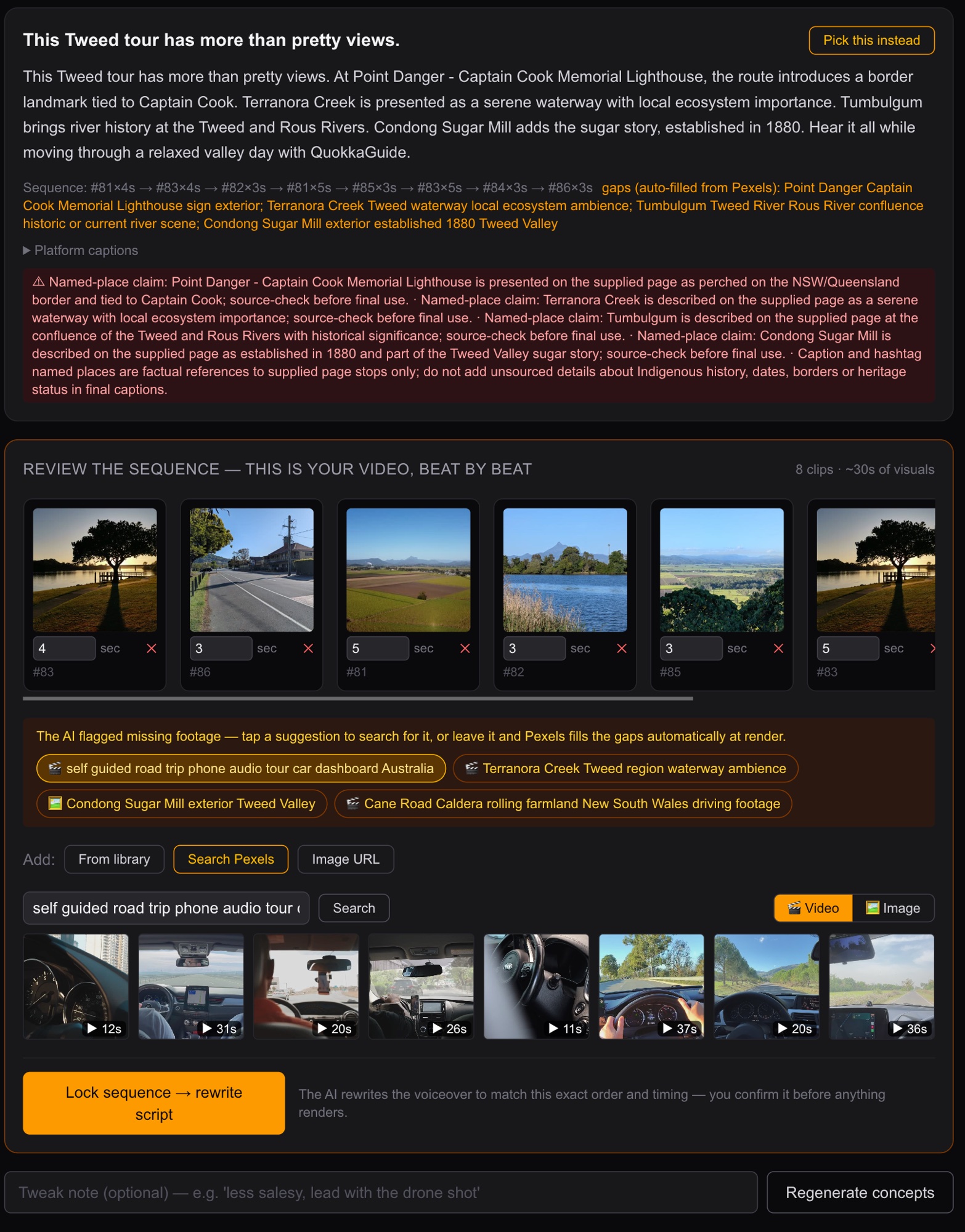The engine's sequence review screen: an AI-drafted video laid out clip by clip with durations, named-place claims flagged to source-check, and a lock-sequence step before render