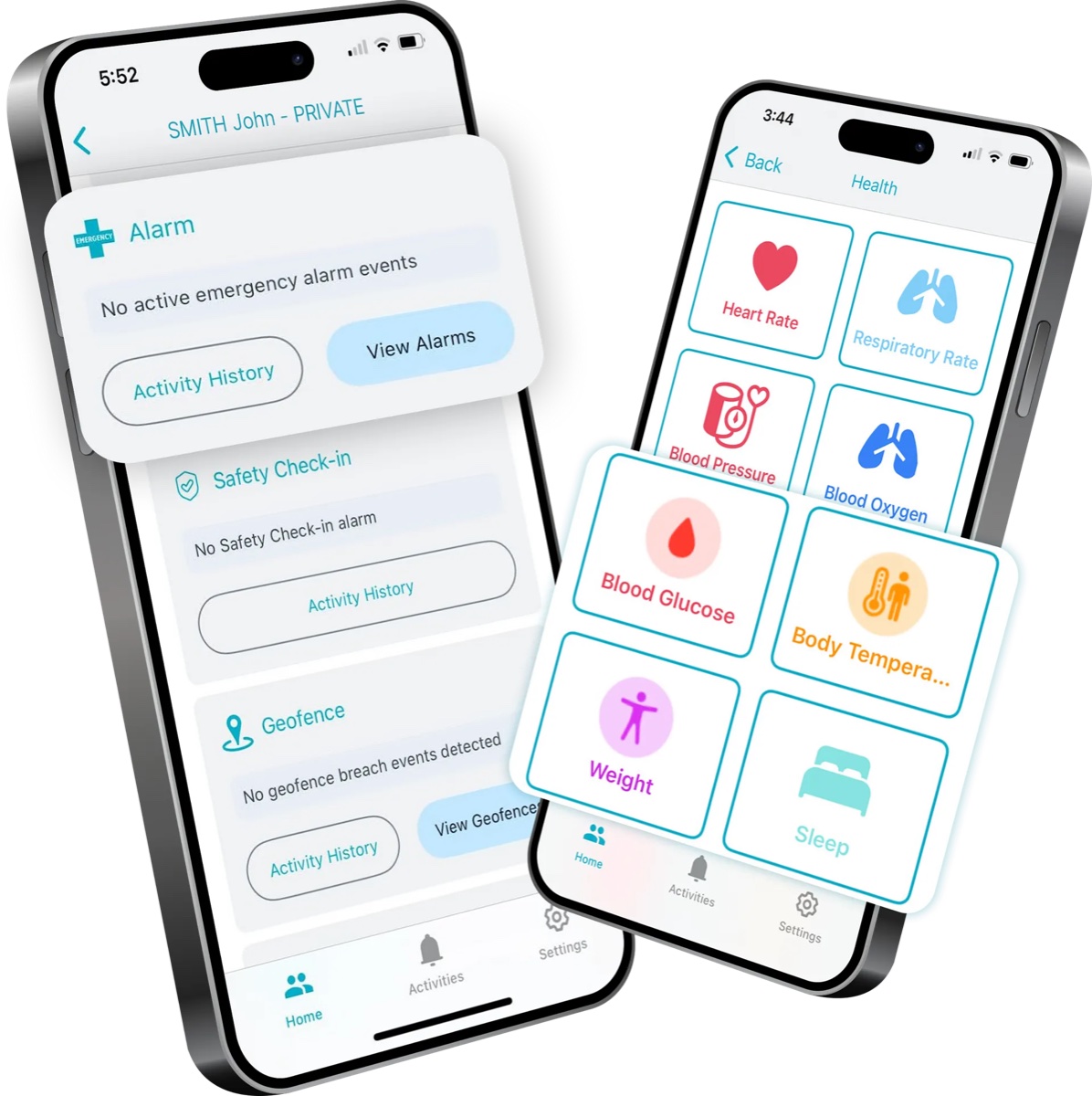 INS LifeGuardian Connect app showing a loved one's alarm status, safety check-ins, geofence events and health readings
