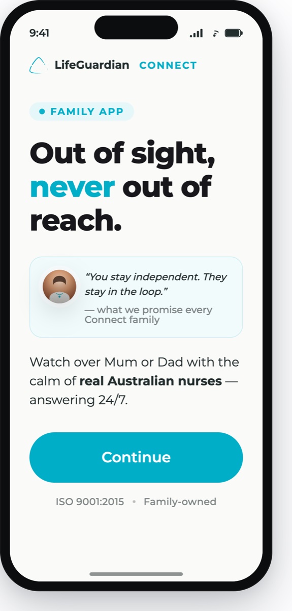 INS LifeGuardian Connect welcome screen for the family app: 'Out of sight, never out of reach'