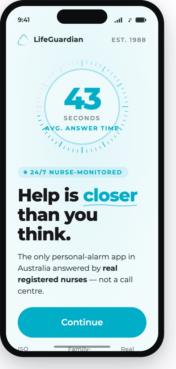 INS LifeGuardian welcome screen: 43-second average answer time, 24/7 nurse-monitored — 'Help is closer than you think'