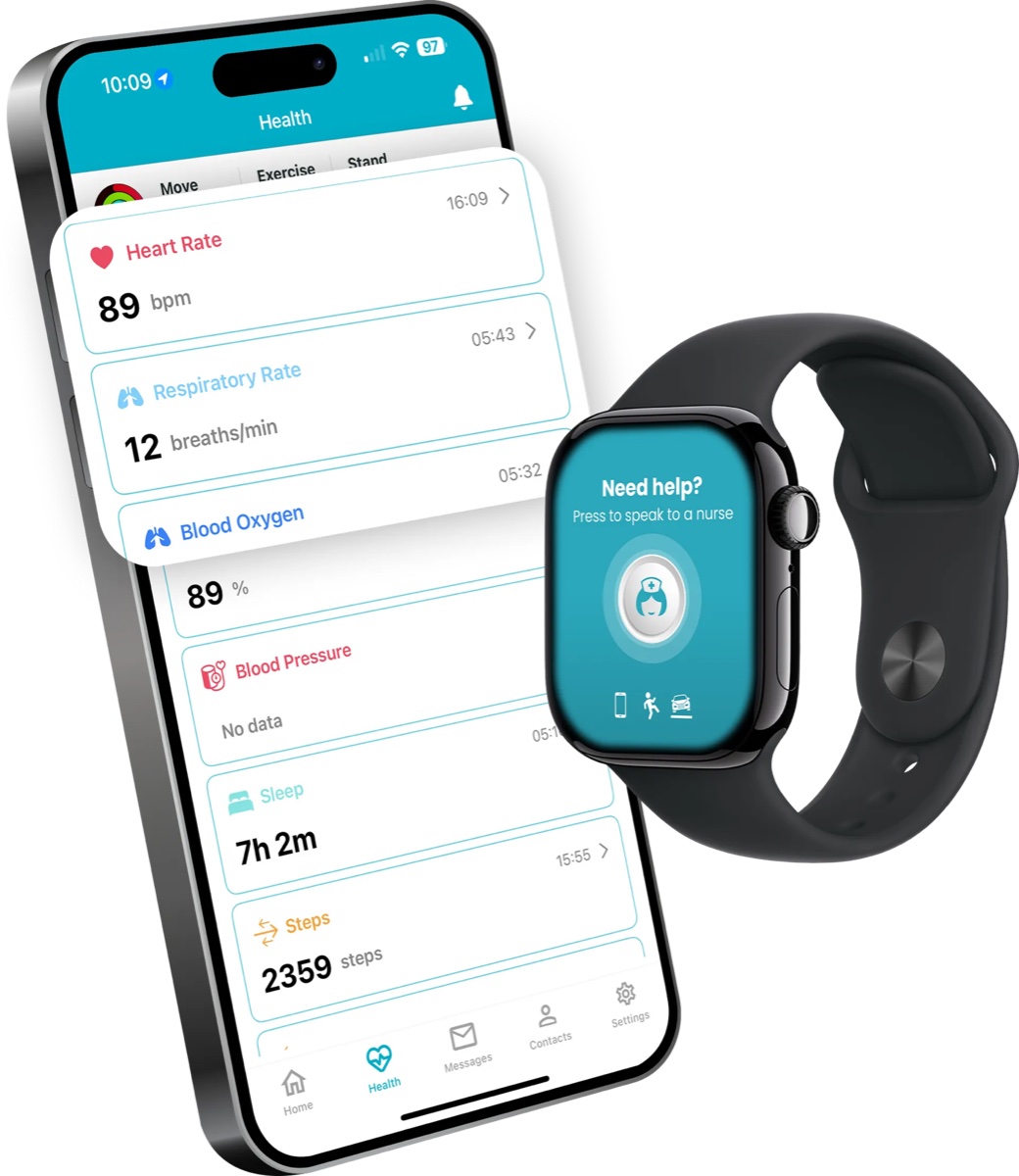 INS LifeGuardian health dashboard with heart rate, respiratory rate, blood oxygen and sleep, beside an Apple Watch running the one-press nurse alert