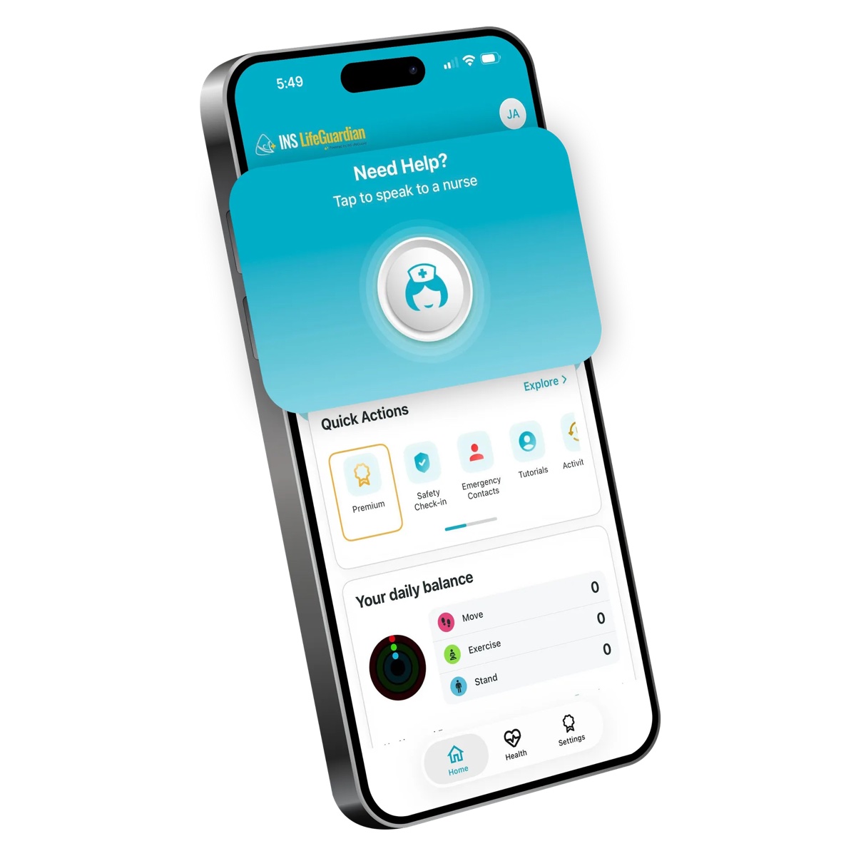 INS LifeGuardian home screen: a one-touch 'Need Help? Tap to speak to a nurse' button above quick actions and daily activity