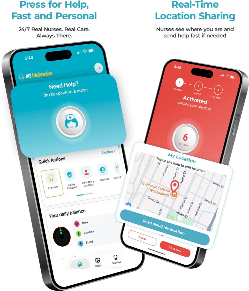 INS LifeGuardian app on two phones: one-touch nurse call and live location sharing during an alarm