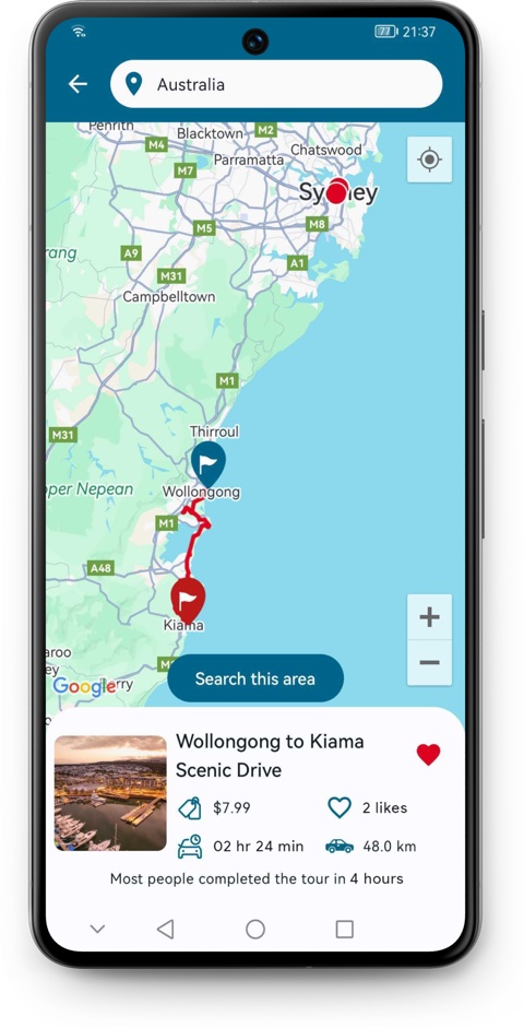 QuokkaGuide app map screen with a searchable self-drive tour route