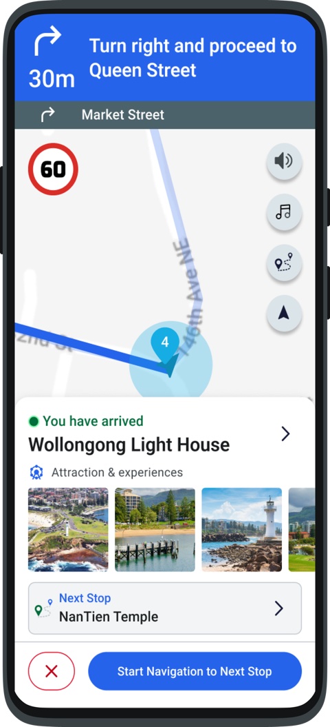 QuokkaGuide app turn-by-turn navigation arriving at a tour stop