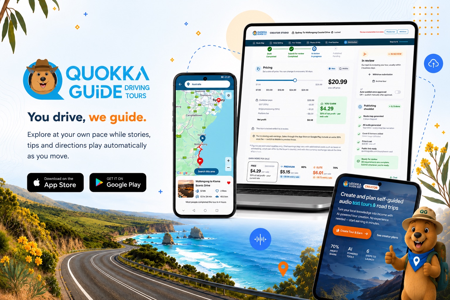 QuokkaGuide across phone, laptop and tablet: the map app, the creator studio and the creator marketplace