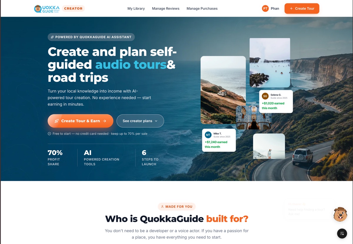 QuokkaGuide creator homepage recruiting local tour creators