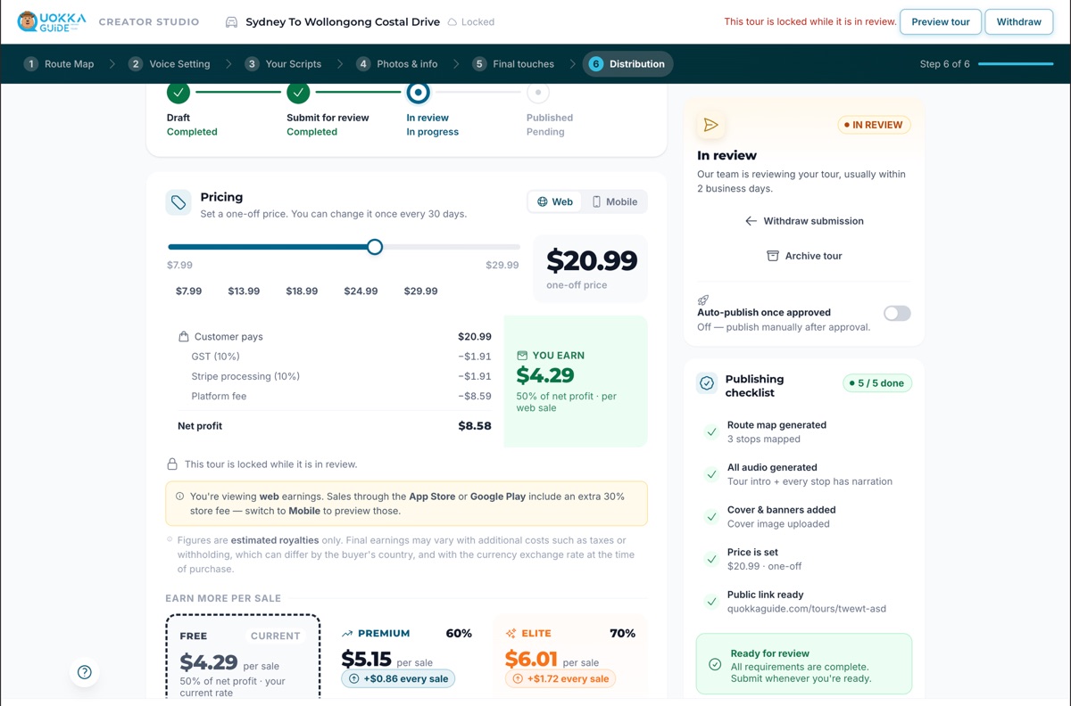 QuokkaGuide creator studio showing a tour's pricing, earnings and publishing checklist