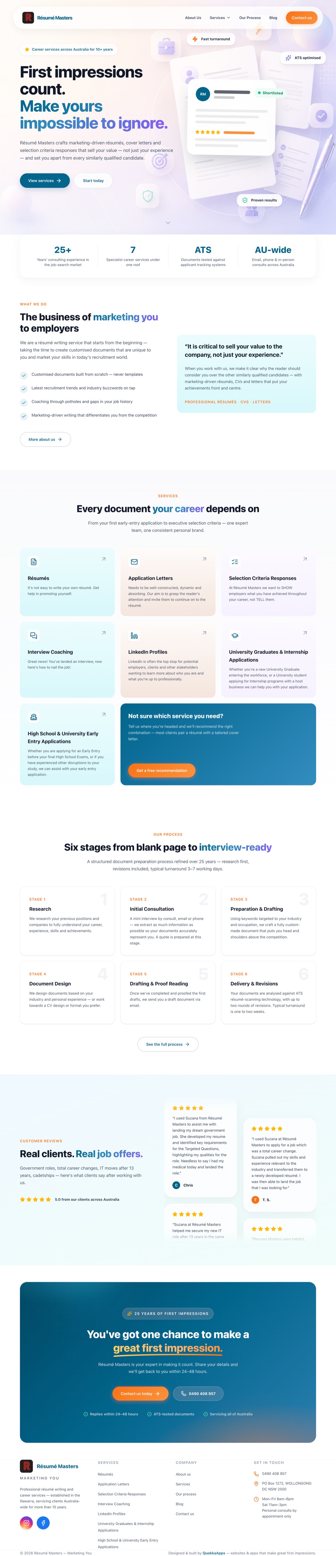 The new website, full page: clear offer, one obvious action and a mobile-first layout